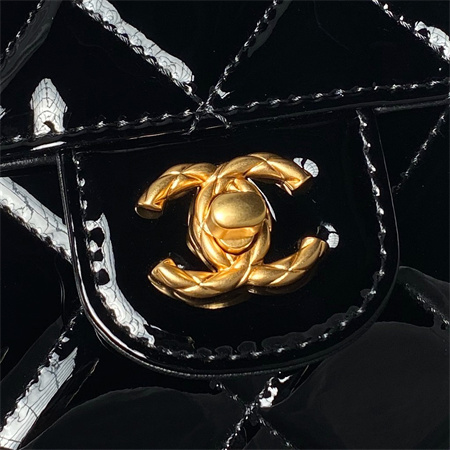 Ch*el flap bag with top handle patent calfskin gold tone metal black as4957