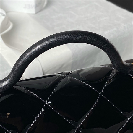 Ch*el flap bag with top handle patent calfskin gold tone metal black as4957