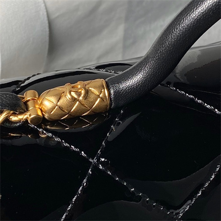 Ch*el flap bag with top handle patent calfskin gold tone metal black as4957