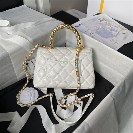 Ch*el mini coco handle bag shinny calfskin aged gold metal white as2215