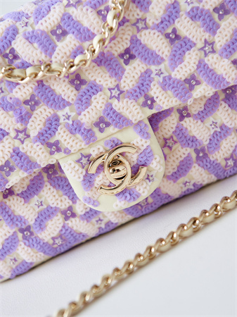 Ch*el mini flap bag sequins & gold-tone metal white,purple as3965