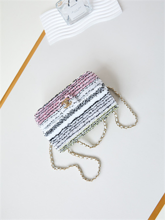 Ch*el clutch sequins & gold-tone metal white, black, pink & yellow as4561