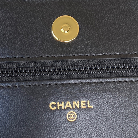 Cha.nel Wallet On Chain Lambskin Gold Tone Metal Black AP0250