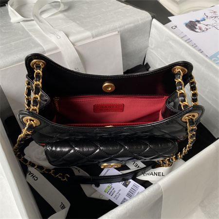 Ch*el hobo bag shinny calfskin gold tone metal black as3690