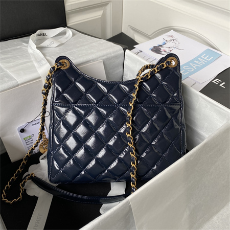 Ch*el hobo bag shinny calfskin gold tone metal navy as3690