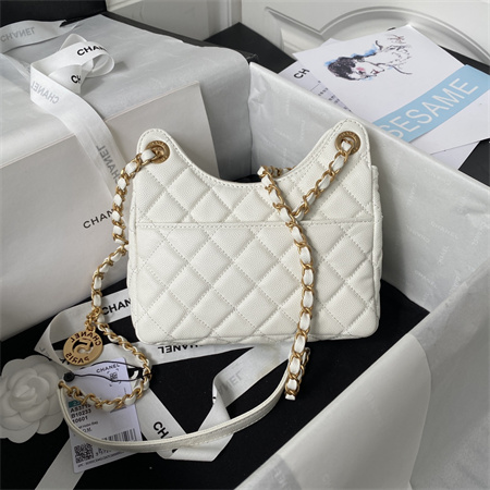 Ch*el small hobo bag grained calfskin gold tone metal white as3710