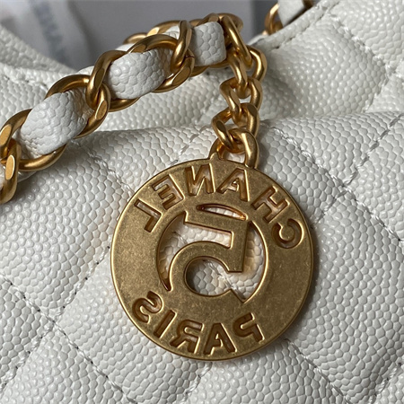 Ch*el small hobo bag grained calfskin gold tone metal white as3710