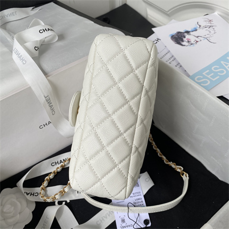 Ch*el small hobo bag grained calfskin gold tone metal white as3710