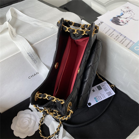 Ch*el small hobo bag grained calfskin gold tone metal black as3710