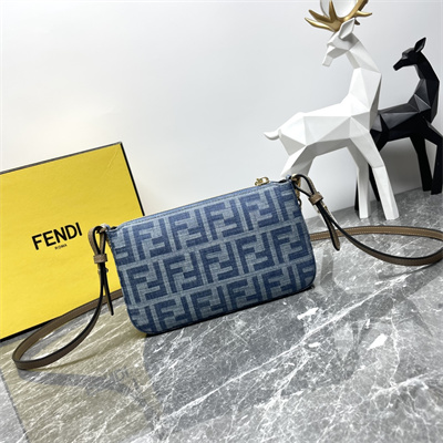 Fen.di Baguette Pouch With Chain Light Blue FF Denim Fabric