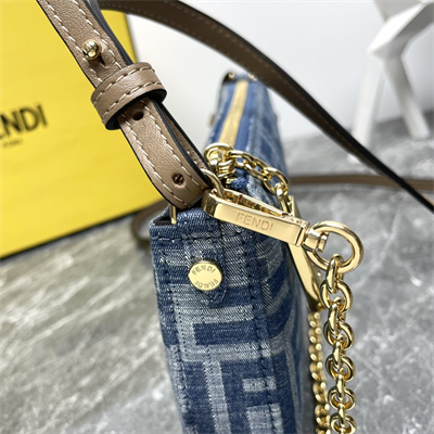 Fen.di Baguette Pouch With Chain Light Blue FF Denim Fabric