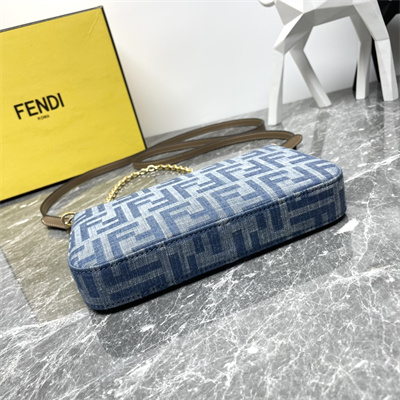 Fen.di Baguette Pouch With Chain Light Blue FF Denim Fabric