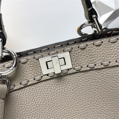Fen.di Peekaboo ISeeU Petite Cuoio Romano Leather Dove Grey Selleria bag with 306 hand-sewn topstitches