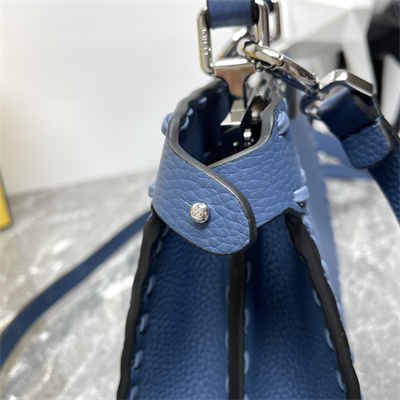 Fen.di Peekaboo ISeeU Petite Cuoio Romano Leather Blue Selleria bag with 306 hand-sewn topstitches