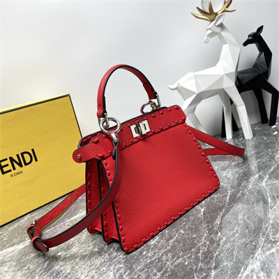 Fen.di Peekaboo ISeeU Petite Cuoio Romano Leather Red Selleria bag with 306 hand-sewn topstitches