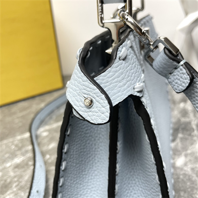 Fen.di Peekaboo ISeeU Petite Cuoio Romano Leather Light Blue Selleria bag with 306 hand-sewn topstitches