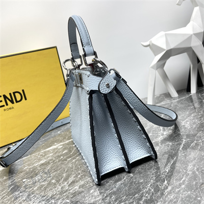 Fen.di Peekaboo ISeeU Petite Cuoio Romano Leather Light Blue Selleria bag with 306 hand-sewn topstitches