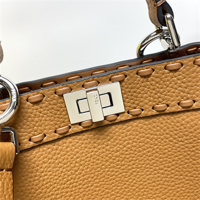 Fen.di Peekaboo ISeeU Petite Cuoio Romano Leather Brown Selleria bag with 306 hand-sewn topstitches