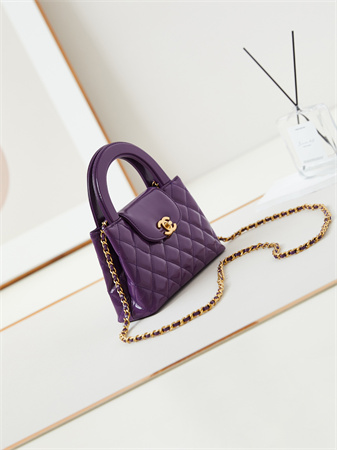 Cha.nel Mini Shopping Bag Kelly Bag Shiny Aged Calfskin Gold-Tone Metal Purple AS4416