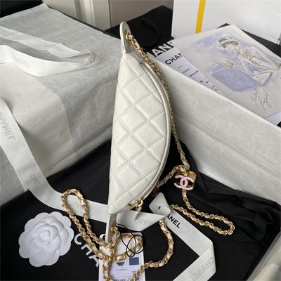 Ch*el waist bag shiny lambskin, enamel & gold-tone metal white as4113
