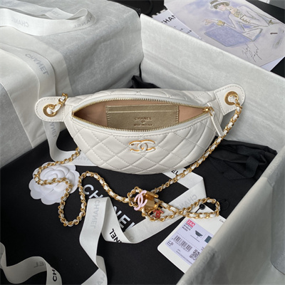 Ch*el waist bag shiny lambskin, enamel & gold-tone metal white as4113