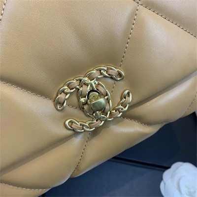 Ch*el 19 handbag lambskin gold double c metal brown as1160