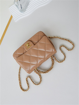 Cha.nel Mini Flap Bag with Top Handle Shiny Lambskin & Gold-Tone Metal Brown AS5032