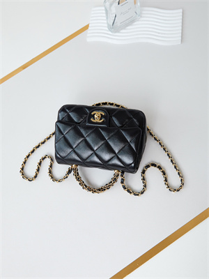 Cha.nel Mini Flap Bag with Top Handle Shiny Lambskin & Gold-Tone Metal Black AS5032