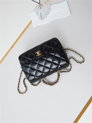 Cha.nel Mini Flap Bag with Top Handle Shiny Lambskin & Gold-Tone Metal Black AS5043