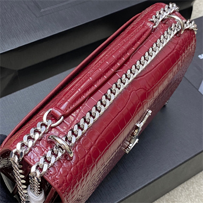 Y.S.L Sunset MEDIUM Bag In Crocodile Embossed Leather Silver Tone Metal Burgundy Color