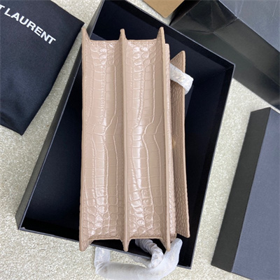 Y.S.L Sunset MEDIUM Bag In Crocodile Embossed Leather Gold Tone Metal Beige Color