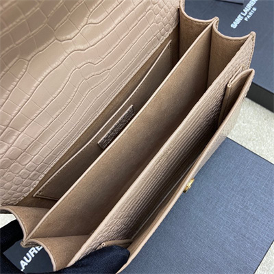 Y.S.L Sunset MEDIUM Bag In Crocodile Embossed Leather Gold Tone Metal Beige Color