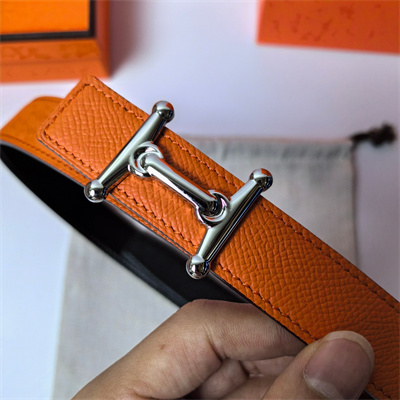 H**mes mors h belt buckle & reversible epsom leather silver hardware strap 25mm orange/black