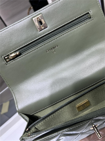 Cha.nel Wallet On Chain Shiny Lambskin & Gold-Tone Metal Green AP4166