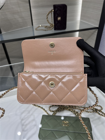 Cha.nel Flap Phone Holder with Chain Shiny Lambskin & Gold-Tone Metal Nude Pink AP4167