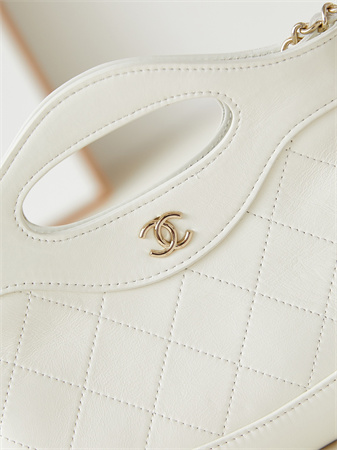 Cha.nel 31 Nano Chain Bag Calfskin Gold Tone Metal White AS3656