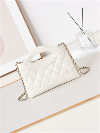 Cha.nel 31 Nano Chain Bag Lambskin Gold Tone Metal White AS3656