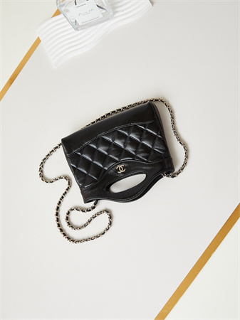 Cha.nel 31 Nano Chain Bag Lambskin Gold Tone Metal Black AS3656