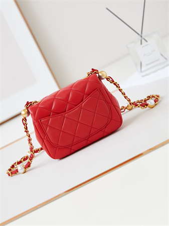 cha.nel S*permini flap bag lambskin gold tone metal red as4946