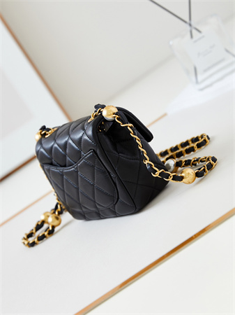 cha.nel S*permini flap bag lambskin gold tone metal black as4946