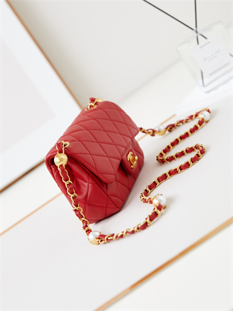 Cha.nel Mini Flap Bag Lambskin Gold Tone Metal Red AS4947
