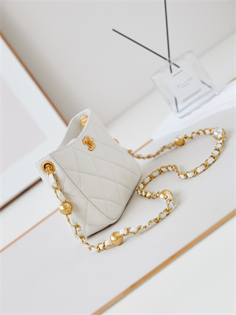 Cha.nel Small Shoulder Bag Lambskin Gold Tone Metal White AS4948