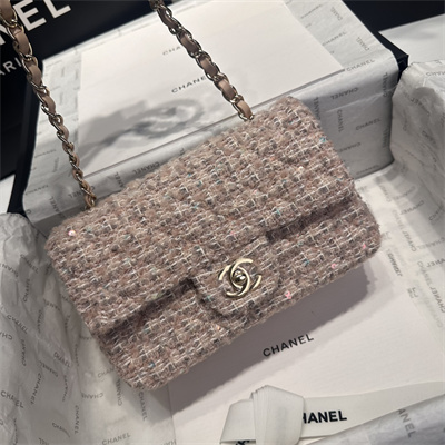 Cha.nel Mini Classic Flap Bag Tweed With Sequin Gold Tone Metal Pink