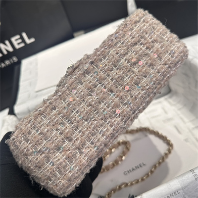Cha.nel Mini Classic Flap Bag Tweed With Sequin Gold Tone Metal Pink
