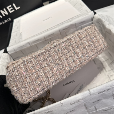 Cha.nel Medium Classic Flap Bag Tweed With Sequin Gold Tone Metal Pink