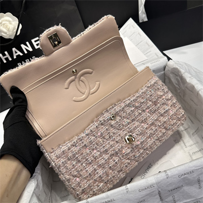 Cha.nel Medium Classic Flap Bag Tweed With Sequin Gold Tone Metal Pink