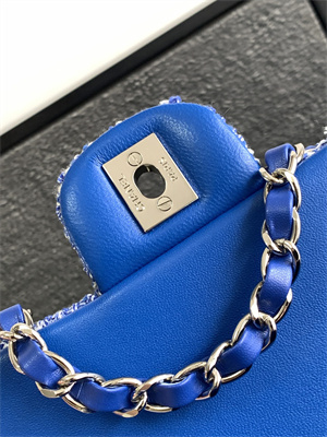 Cha.nel Mini Classic Flap Bag Tweed Gold Tone Metal Blue