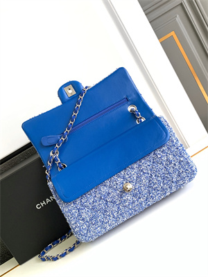 Cha.nel Medium Classic Flap Bag Tweed Gold Tone Metal Blue