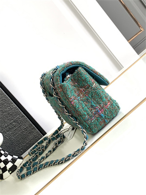Cha.nel Mini Classic Flap Bag Tweed Gold Tone Metal Green