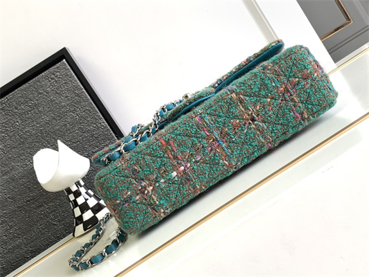 Cha.nel Medium Classic Flap Bag Tweed Gold Tone Metal Green